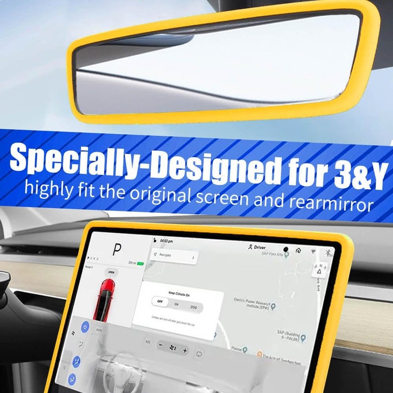 Yeapop 2Pcs Silicone Protector Frames of Screen and Rear View Mirror for Tesla Model 3 2017-2023 and Model Y 2019-Feb.2025. (Yellow) - Image 2